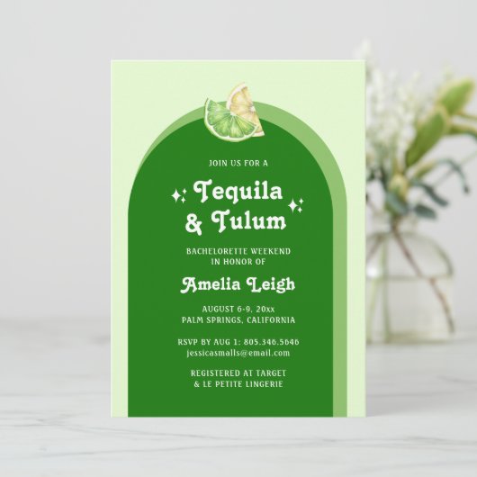 Lime Green Citrus Tequila & Tulum Bachelorette Einladung (Stehend Vorderseite)