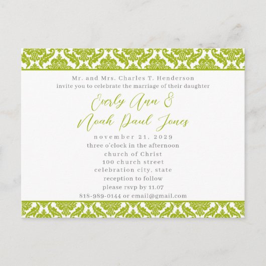 Lime Green Damask auf der Einladung zur White Wedd (Vorderseite)