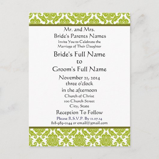 Lime Green Damask auf der Einladung zur White Wedd (Vorderseite)