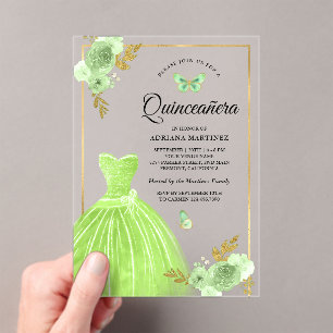 Lime Green Floral Dress Butterfly Gold Quinceanera Acryleinladungen