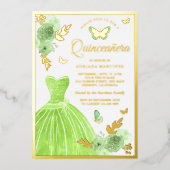 Lime Green Floral Dress Butterfly Quinceanera Gold Folieneinladung (Vorderseite)