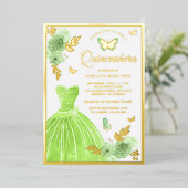 Lime Green Floral Dress Butterfly Quinceanera Gold Folieneinladung (Stehend vorne)
