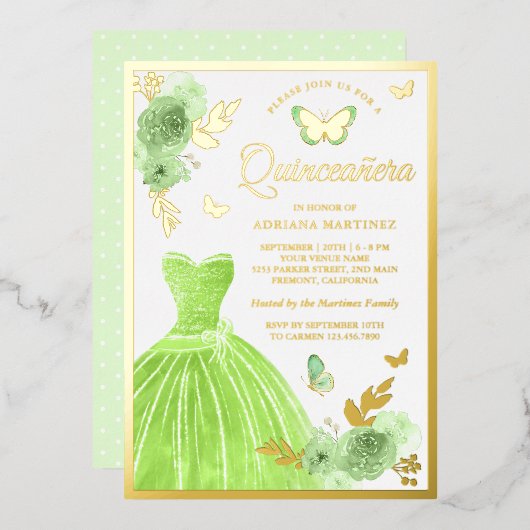 Lime Green Floral Dress Butterfly Quinceanera Gold Folieneinladung (Vorderseite/Rückseite)
