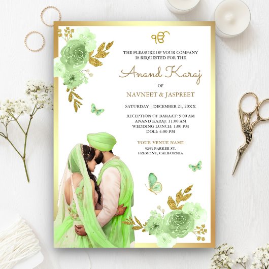 Lime Green Floral Punjabi Anand Karaj Sikh Wedding Einladung