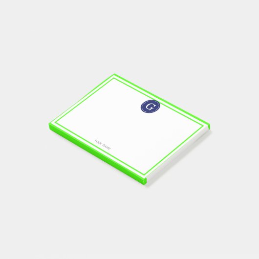 Lime Green Gerahmt Round Navy 1I Monogram Post-it Klebezettel (angewinkelt)