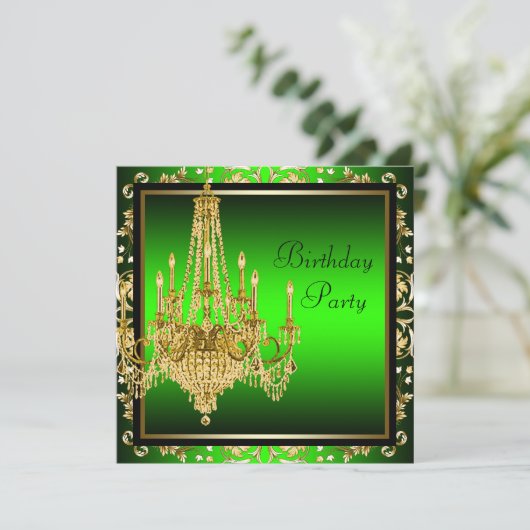 Lime Green Gold Damask Candelier Birthday Party Einladung (Stehend Vorderseite)