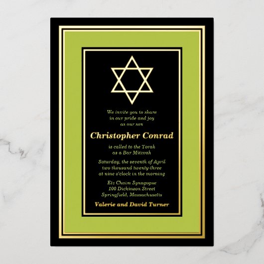 Lime Green Gold Foil Star von David Bar Mitzvah Folieneinladung (Vorderseite)