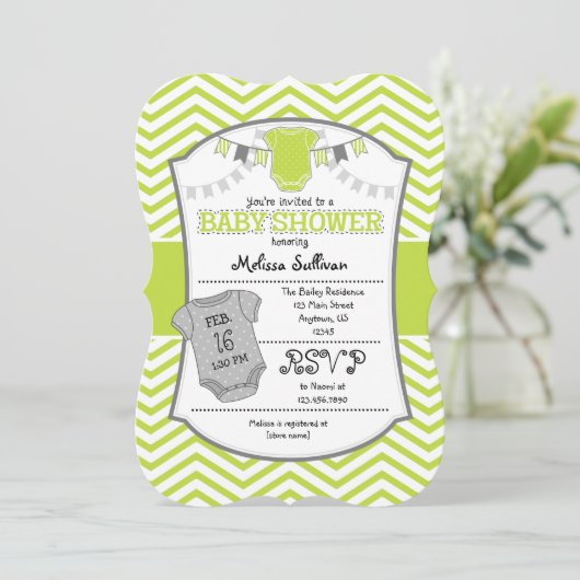 Lime Green Gray Zickzack Baby Shower Einladung (Stehend Vorderseite)