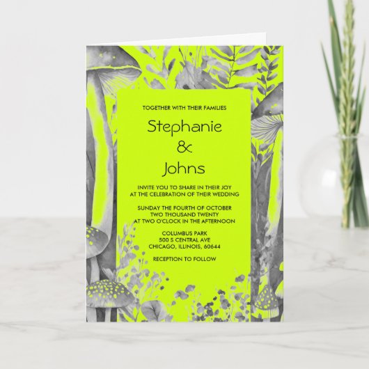 Lime Green Grey Black Mushroom Woodland Wedding Einladung (Vorderseite)