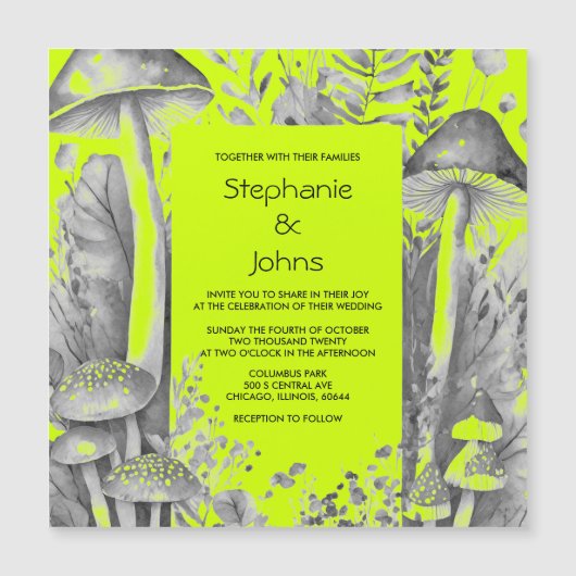 Lime Green Grey Black Woodland Mushroom Wedding Magneteinladung (Vorderseite)