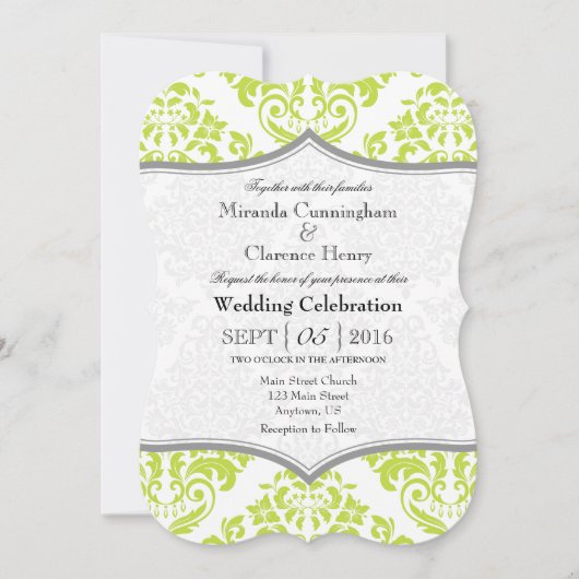 Lime Green Grey Damask Bracket Wedite Einladung (Vorderseite)