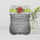 Lime Green Grey Rustic Wood Rose Einladung (Stehend Vorderseite)