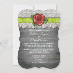Lime Green Grey Rustic Wood Rose Einladung