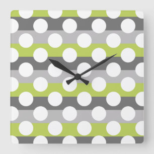 Lime Green Grey White Modern Polka Dot Pattern Quadratische Wanduhr