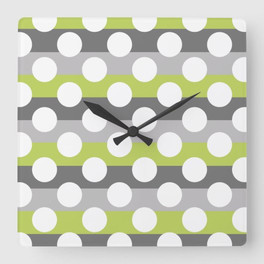 Lime Green Grey White Modern Polka Dot Pattern Quadratische Wanduhr (Vorderseite)