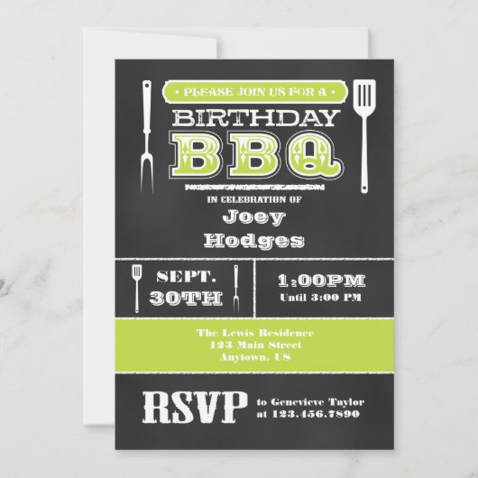Lime Green GRILLEN Birthday Chalkboard Einladung (Vorderseite)