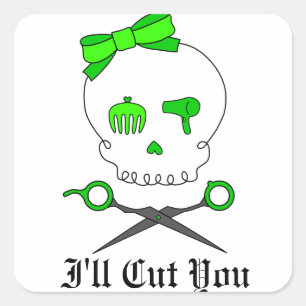Lime Green Hair Stylist Skull & Scissor Crossbones Quadratischer Aufkleber