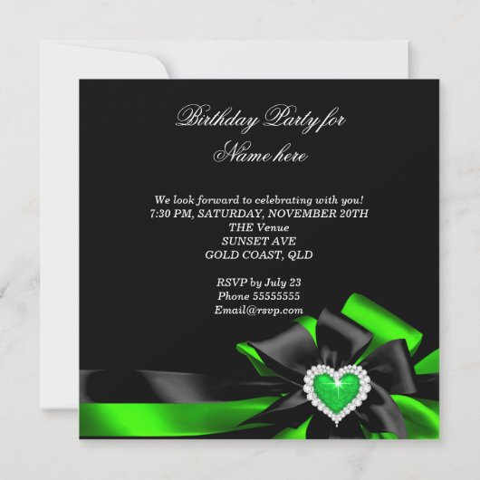 Lime Green Heart Black Bow Image Birthday Party Einladung (Rückseite)
