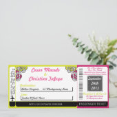 Lime Green/Hot Pi Boarding Pass Einladung Hochzeit (Stehend Vorderseite)