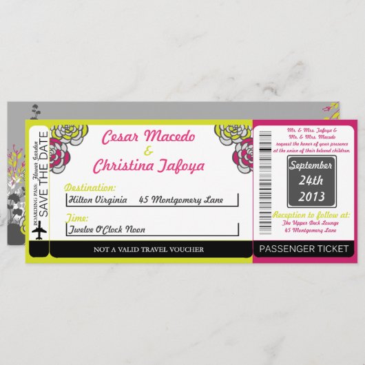 Lime Green/Hot Pi Boarding Pass Einladung Hochzeit (Vorne/Hinten)