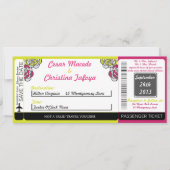 Lime Green/Hot Pi Boarding Pass Einladung Hochzeit (Vorderseite)