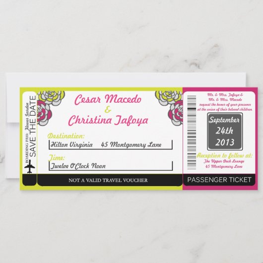 Lime Green/Hot Pi Boarding Pass Einladung Hochzeit (Vorderseite)