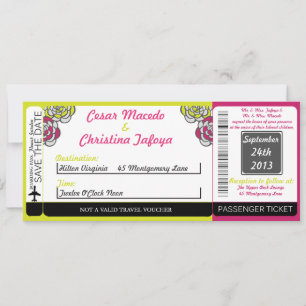 Lime Green/Hot Pi Boarding Pass Einladung Hochzeit