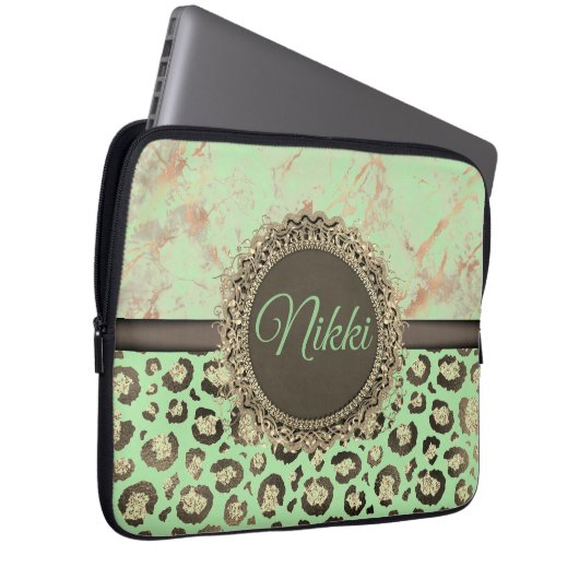 Lime Green Marble Glittery Leopard Laptopschutzhülle (Vorne Rechts)