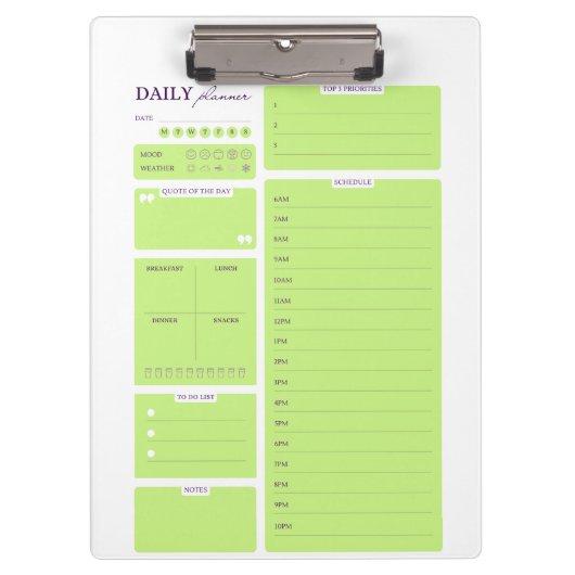 Lime Green Minimalist Daily Planner Template Klemmbrett (Vorderseite)