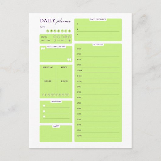 Lime Green Minimalist Daily Planner Template Postkarte (Vorderseite)