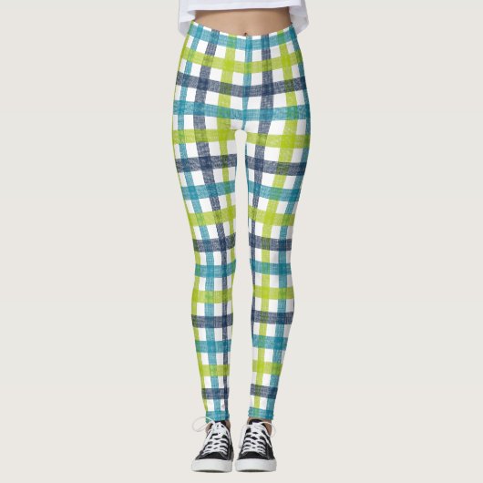 Lime Green, Navy und Türkis Blue Kariert Leggings (Vorderseite)