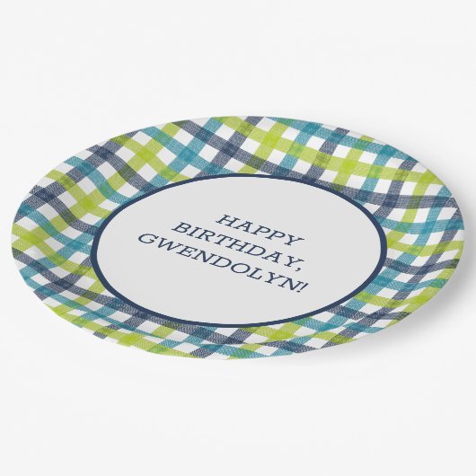 Lime Green, Navy und Türkis Blue Kariert Pappteller (Schrägansicht)