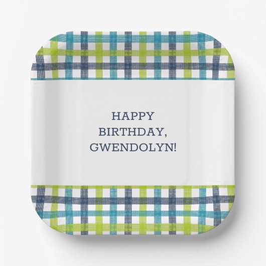 Lime Green, Navy und Türkis Blue Kariert Pappteller (Vorderseite)