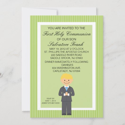 Lime Green Niedlich First Communion Boy Einladung (Vorderseite)