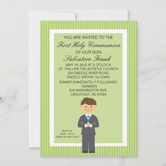 Lime Green Niedlich First Communion Boy Einladung (Vorderseite)