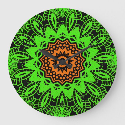 Lime Green Orange Black Lace Doily Mandala Snowfla Große Wanduhr (Vorderseite)