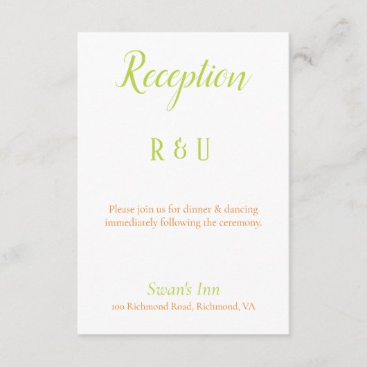 Lime Green, Orange und White Empfang Begleitkarte (Vorderseite)