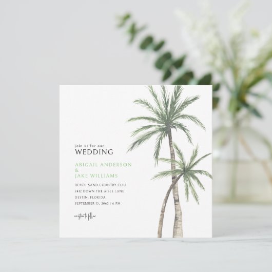 Lime Green Palm Tree Wedding Einladung (Stehend Vorderseite)