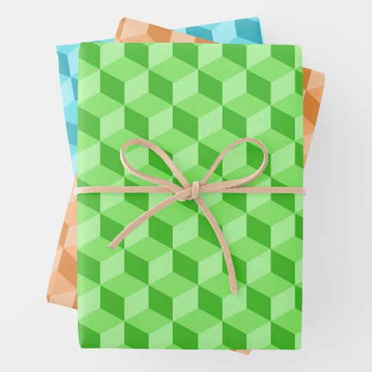 LIME GREEN PEACH AQUA BLUE GEOMETRIC CUBE PATTERS GESCHENKPAPIER SET (Beispiel)