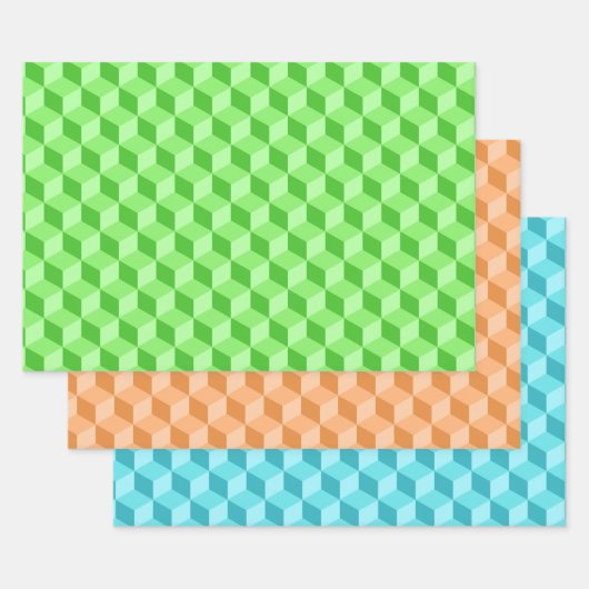 LIME GREEN PEACH AQUA BLUE GEOMETRIC CUBE PATTERS GESCHENKPAPIER SET (Set)