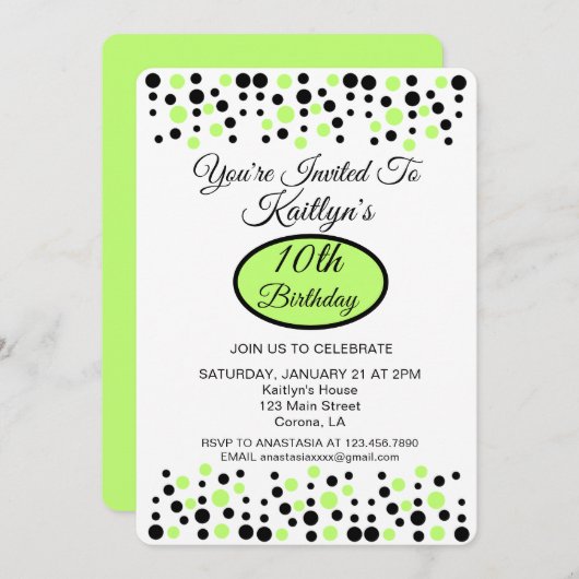 Lime Green Polka Dot Birthday Party Einladung (Vorne/Hinten)