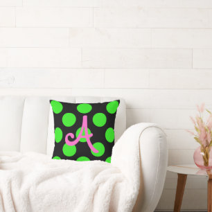 Lime Green Polka Dot Initial Square Pillow Kissen