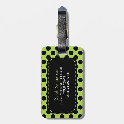 Lime Green Polka Dot Monogram Personalisiert Gepäckanhänger (Rückseite vertikal)