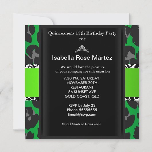 Lime Green Quinceanera 15. Party Foto Einladung (Rückseite)