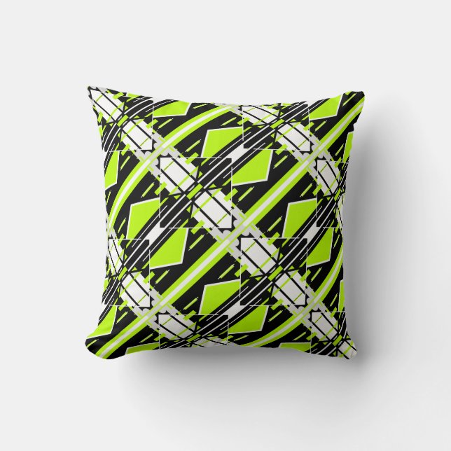 Lime Green Schwarz-weiß Diagonal Geometric Design Kissen (Vorderseite)