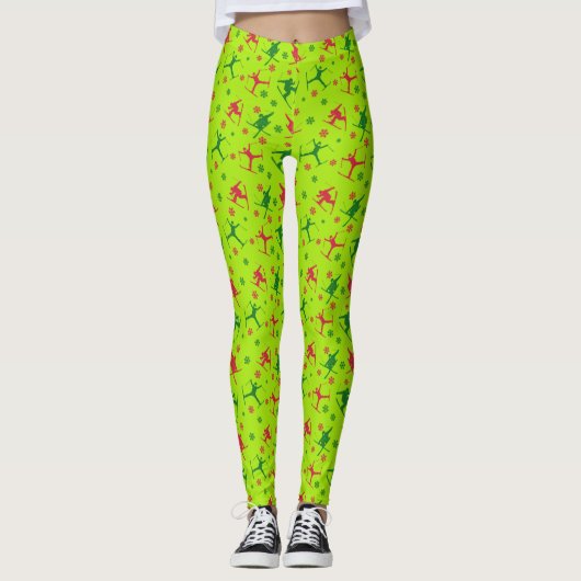 Lime Green Ski Tricks Muster Weihnachten Leggings (Vorderseite)