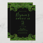 Lime Green Sparkle Glitzer Black Sweet 16 Party Einladung (Vorne/Hinten)