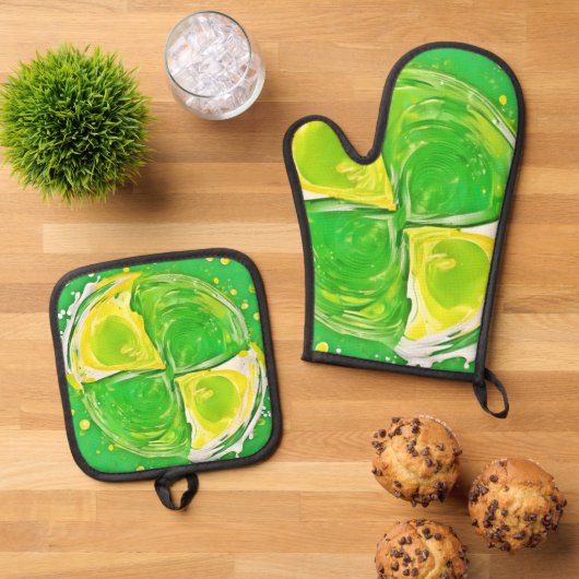 Lime Green Spiral Ofenhandschuh & Topflappen-Set (Oben Unten)