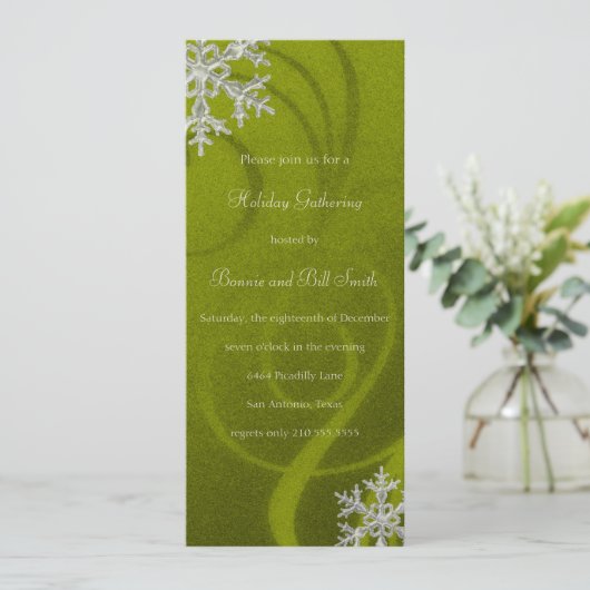 Lime Green Swashy Snowflake Holiday Party Einladung (Stehend Vorderseite)