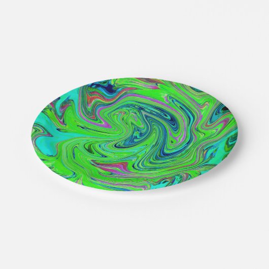 Lime Green und Blue Groovy Abstrakt Retro Art Pappteller (Schrägansicht)